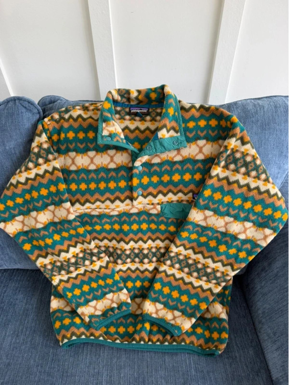 Patagonia Synchilla Jacket men small green fair Isle Aztec Snap pullover fleece